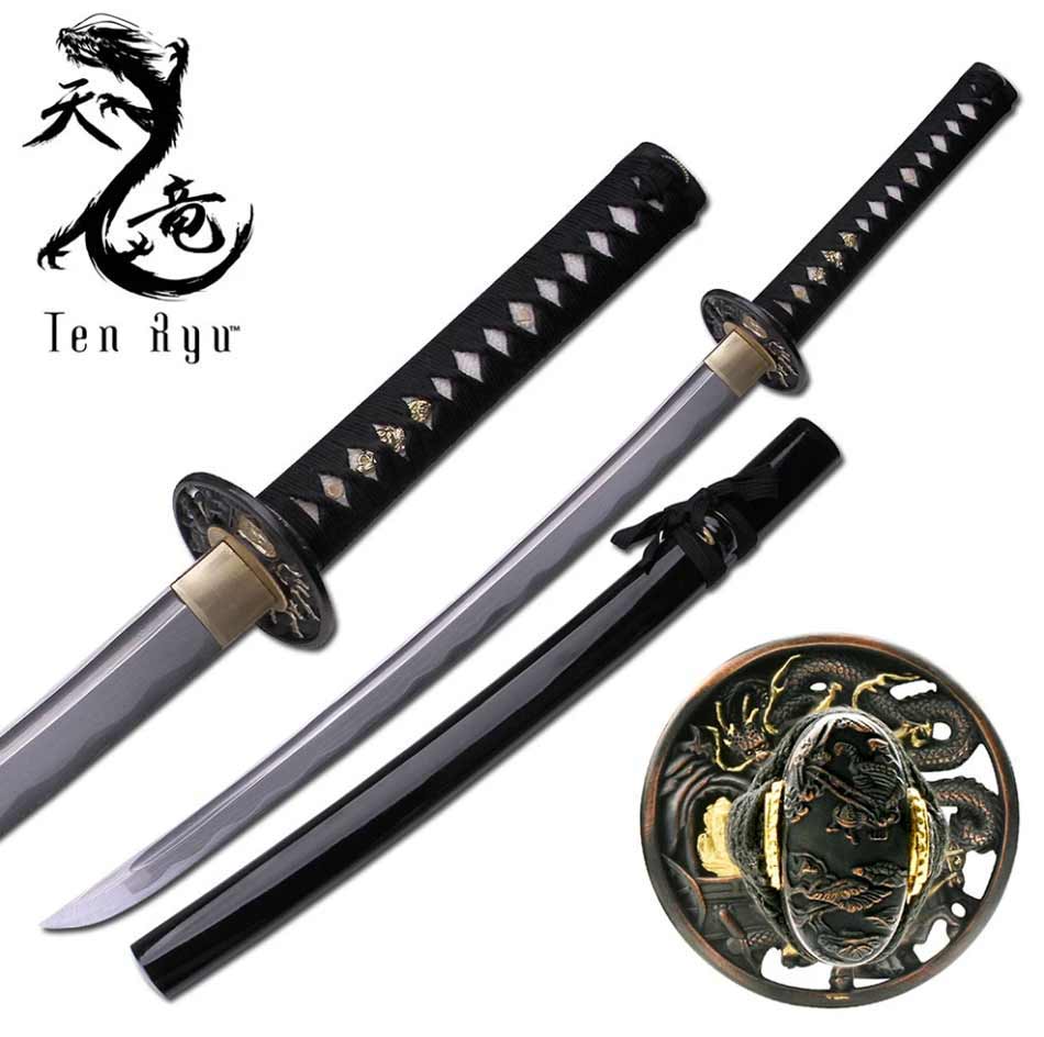 Wakizashi Ten Ryu Damascus Sword Dragon Tsuba